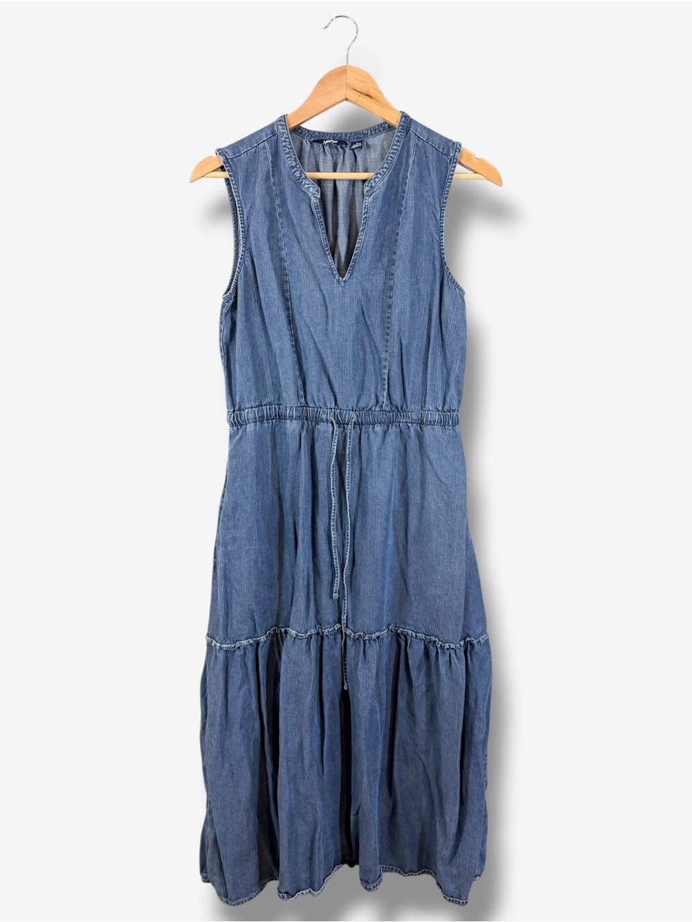 Lands End Denim Chambray Midi Dress Size S Sleeveless V-Neck Drawstring Tiered